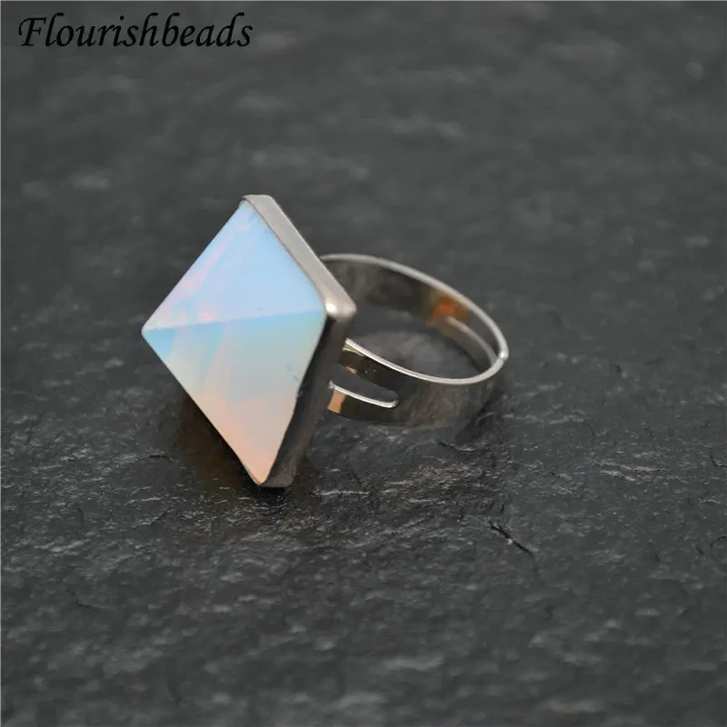 Pyramid Shape Natural Gemstone Rings Fashion Man Woman Party Jewelry Size Adjustable Gift Amthyst / Opal / Crystal / Rose Quartz