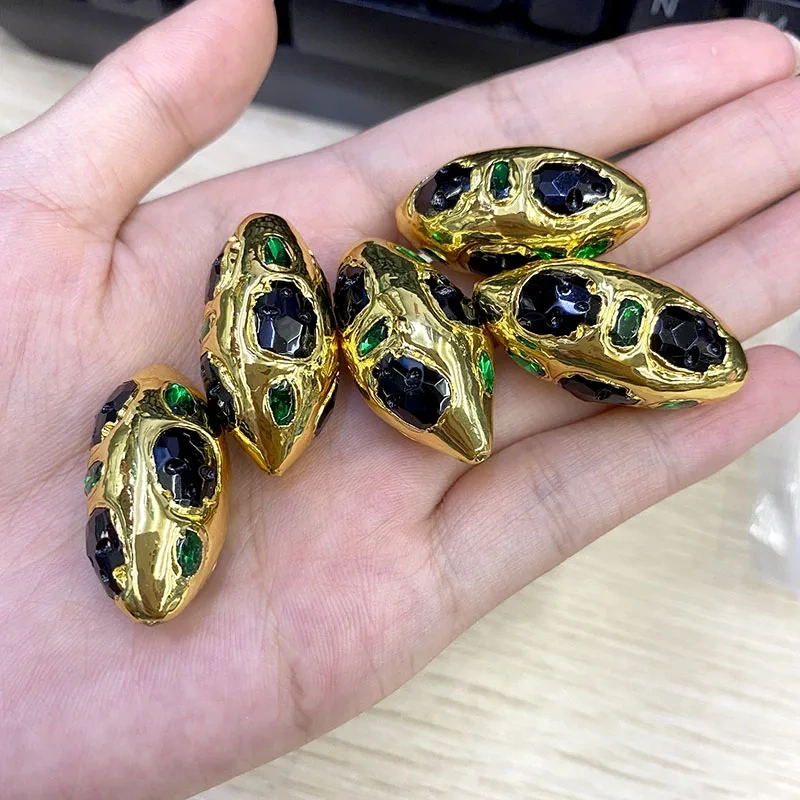 High Quality Bohemian Style Gold Plated Black Zirconia Through Hole Loose Bead Oval Decorative Beads 10pcs/lot