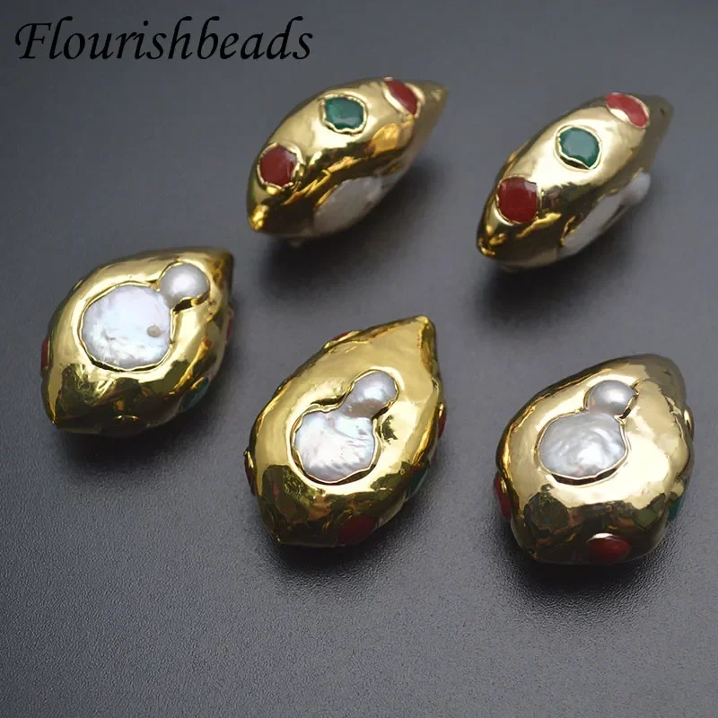Gold Plated Natural Freshwater Pearls Bead Paved Dyed Stone Through Hole Loose Beads for DIY Jewelry Making 5pcs/lot