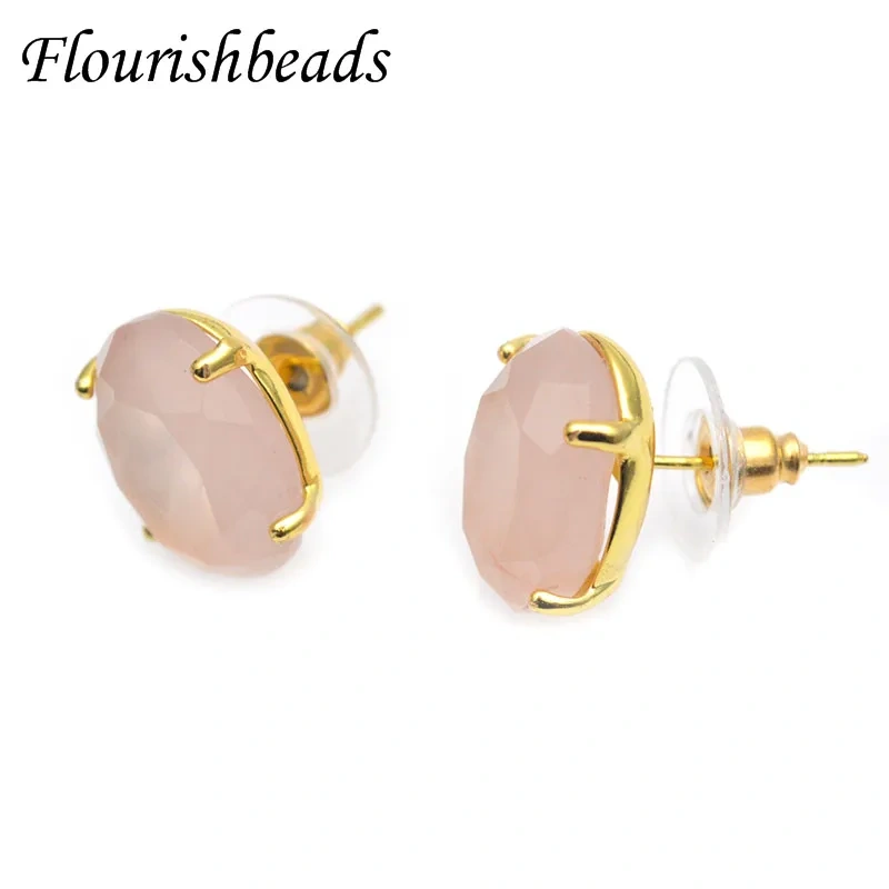 1pair Faceted Oval Reiki Healing Crystal Rose Quartz Earrings Posts Women Girl Ear Studs Party Jewelry