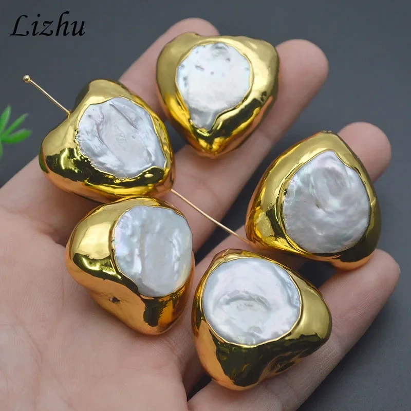 Real Gold Plated Cultured Pearl Big Size Heart Shape Through Hole Loose Beads for DIY Jewelry Making Necklace 5pcs/lot