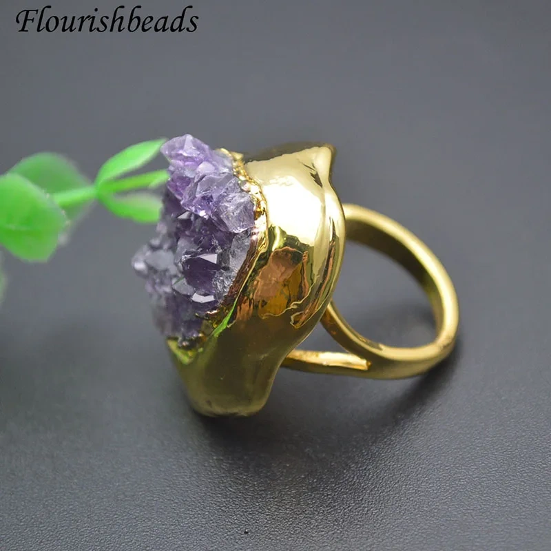 Natural Gemstone Amethyst Drusy Quartz Rings Gold Plated Nickel Free Adjustable Size Ring for Man Jewelry Gift