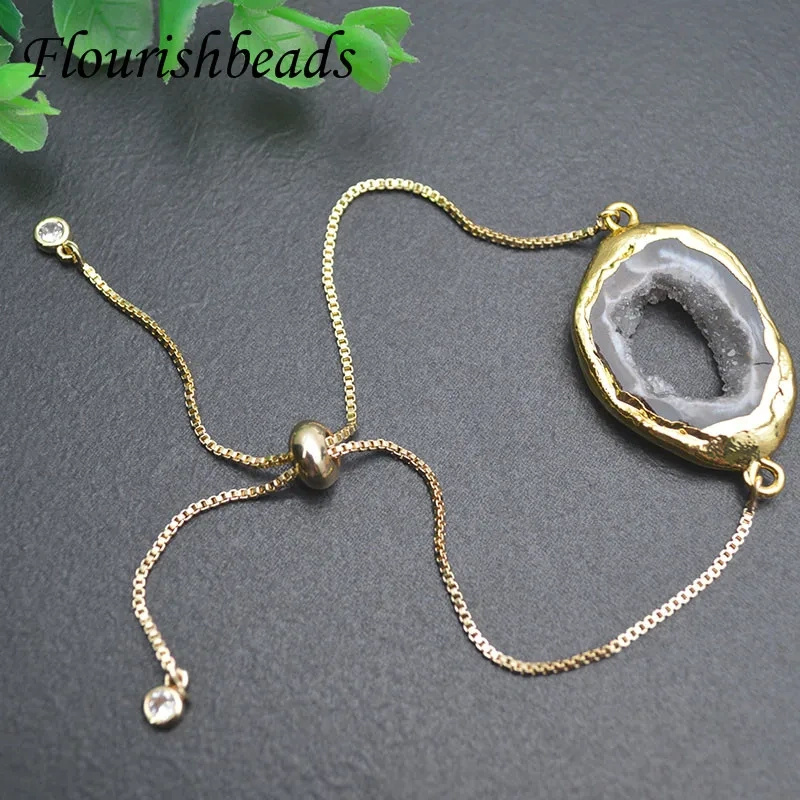 Natural Gray Druzy Geode Agate Quartz Gold Plated Chain Bracelets for Women Man Healing Prayer Energy Jewelry Bracelet