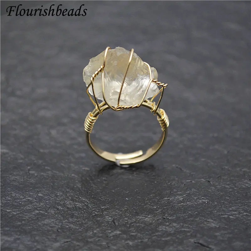 Best-selling Wire Winding Natural Druzy Irregularl Shape Gemstone Rings Fashion Man Woman Party Jewelry Size Adjustable Gift