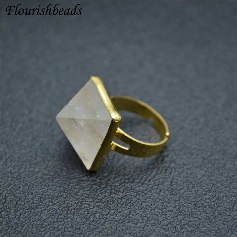 Pyramid Shape Natural Gemstone Rings Fashion Man Woman Party Jewelry Size Adjustable Gift Amthyst / Opal / Crystal / Rose Quartz