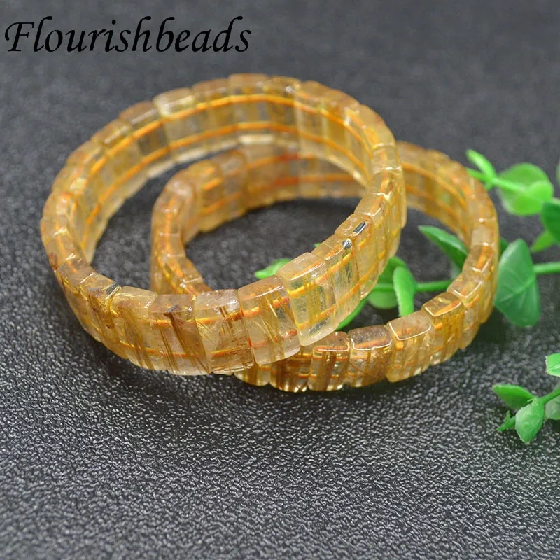 Luxury Natural Rutile Quartz Rounded Rectangle Piece Beads Bracelet Elastic Line Bracelets Fine Jewelry