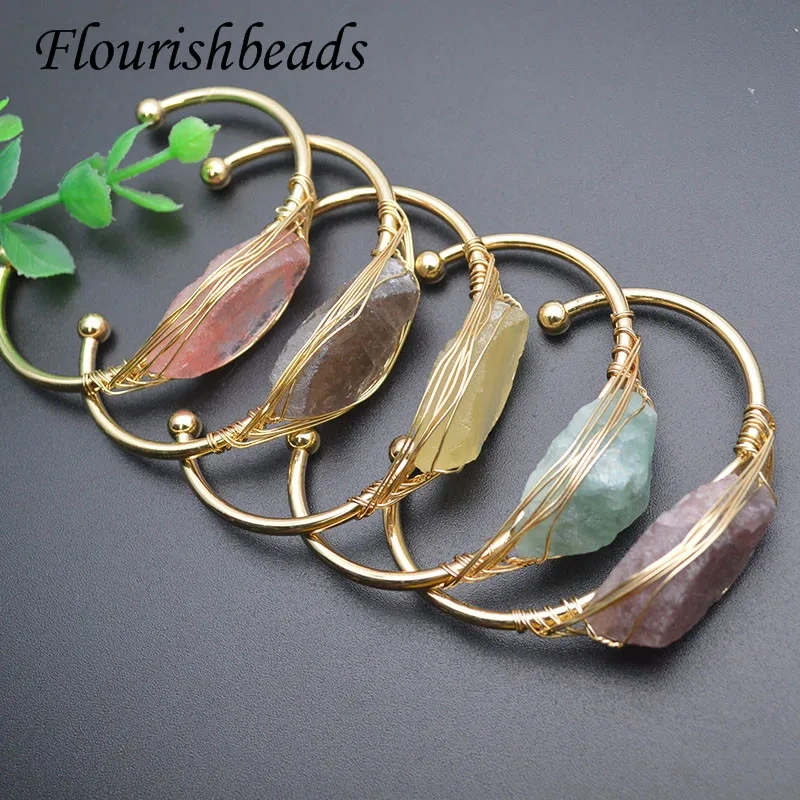 5pcs/lot Natural Stone Gold-color Wire Wrap Irregular Crystal Quartz Cuff Bangles for Fashion Jewelry Gift