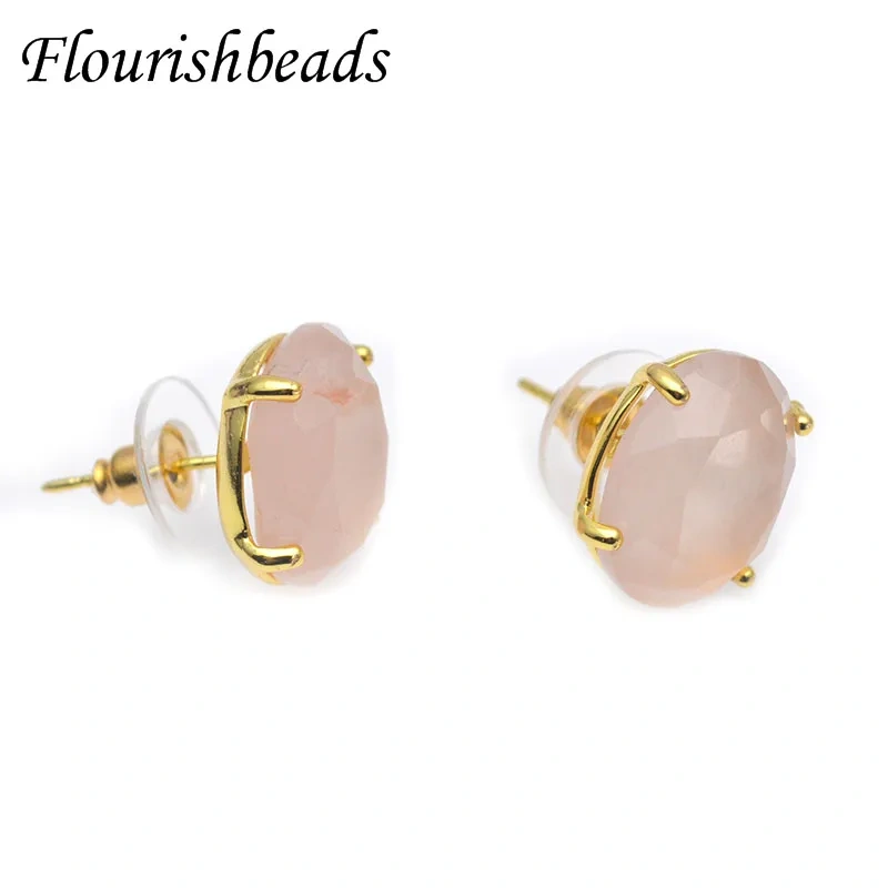 1pair Faceted Oval Reiki Healing Crystal Rose Quartz Earrings Posts Women Girl Ear Studs Party Jewelry