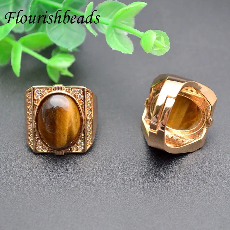 5pcs Natural Tiger Eye Stone Ring CZ Beads Paved for Women Men Handmad Luxury Jewelry Gift Ring Surface 20x20mm