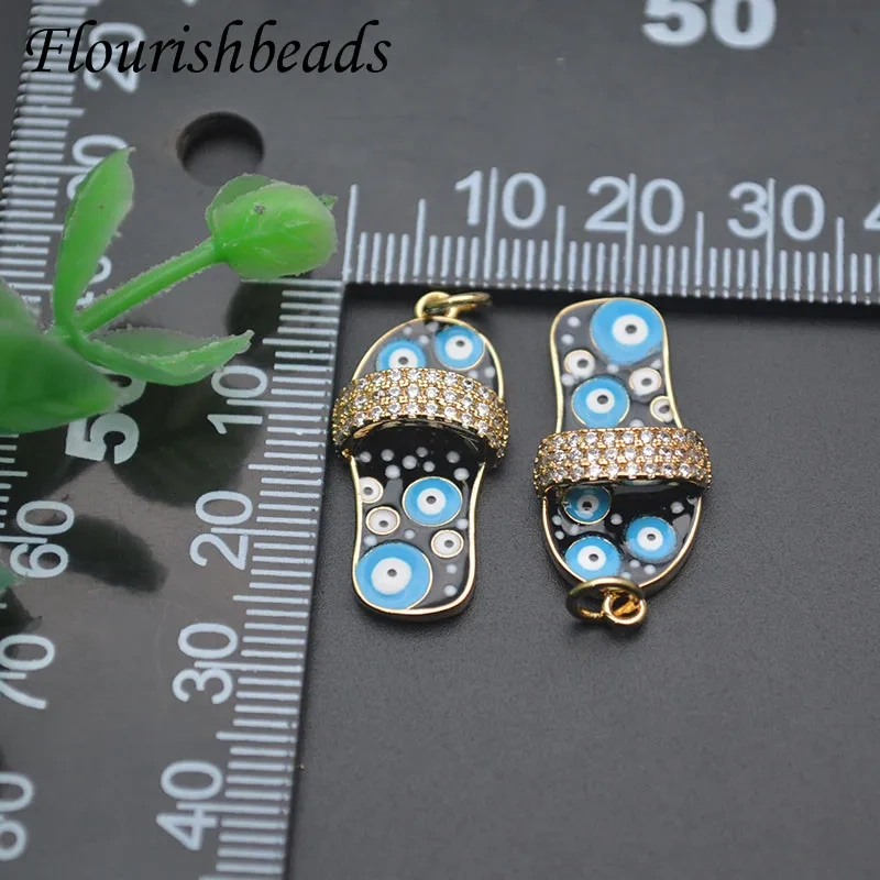 10pcs Paved CZ Beads Turkish Blue Evil Eye Enamel Slipper Pendant Charm Shoe for Handmade Jewelry Making Necklace