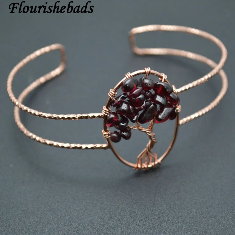 Natural Labradorite Gemstone Chips Wire Wrapped Life Tree Charm Cuff Bangle Bracelet Fashion Woman Jewelry