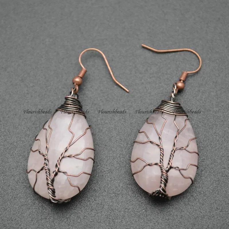 Vintage Faded Water Drop Natural Rose Quartz Amethyst Life Tree Guard Mineral Jewelry Fashion Woman Decoration Earrings DIY Gift