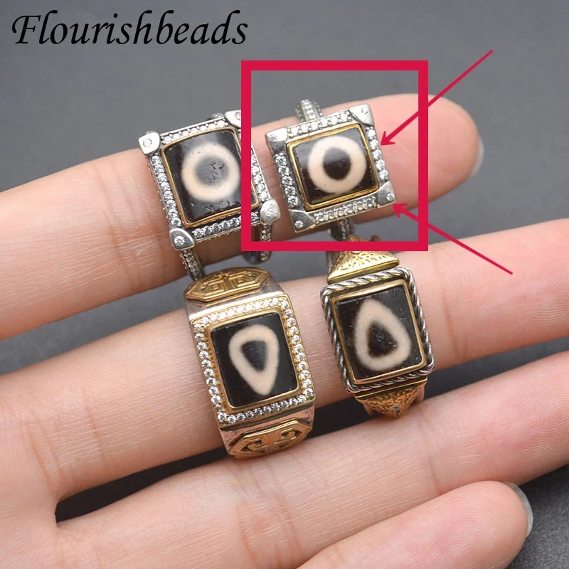 Luxury Tibetan Dzi One Eye Dzi Ring Paved Square Zircon Ancient Vintage Adjustable Finger Ring for Men