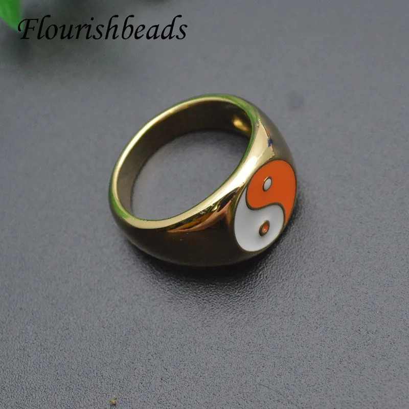 Copper Gold Plated Nickel Free Rainbow Yinyang Enamel  Small Rings for Couple Rings Finger Ring Jewelry Size 7.8-8.3