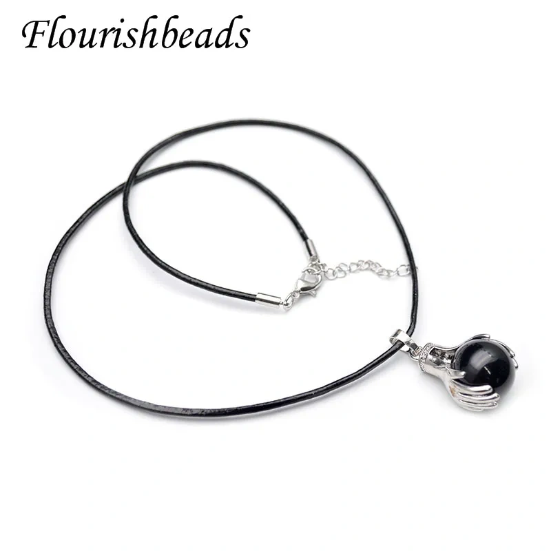 Natural Stone Hands Hold Round Ball Shape Pendant Leather Cord Chain Necklace Reiki Healing Jewellery Gift