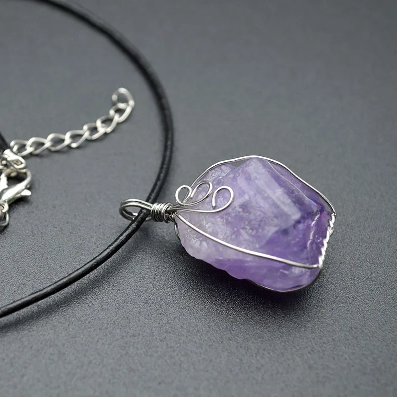 Cute Natural Amethyst Freeform Nugget Pendant Blace Cord Chains Necklace Fashion Energy Jewelry Crystal Healing Gem