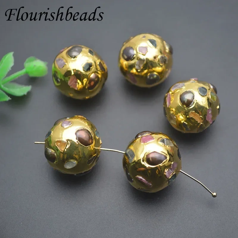 Natural Gray Pearl Gold Plated Paved Gemstone Round Ball Loose Beads for Women DIY Jewelry Making Necklace 5-10pcs/lot