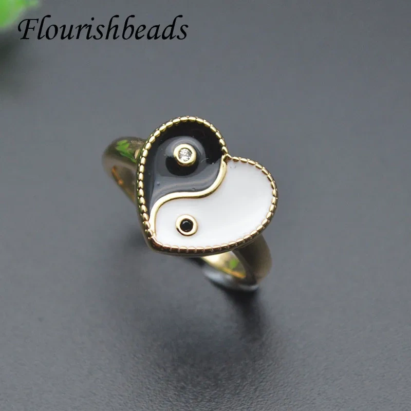 Hot Sell Vintage Rainbow Color Enamel Yin Yang Heart Rings Adjustable Couple Ring for Women Fashion Party Gift