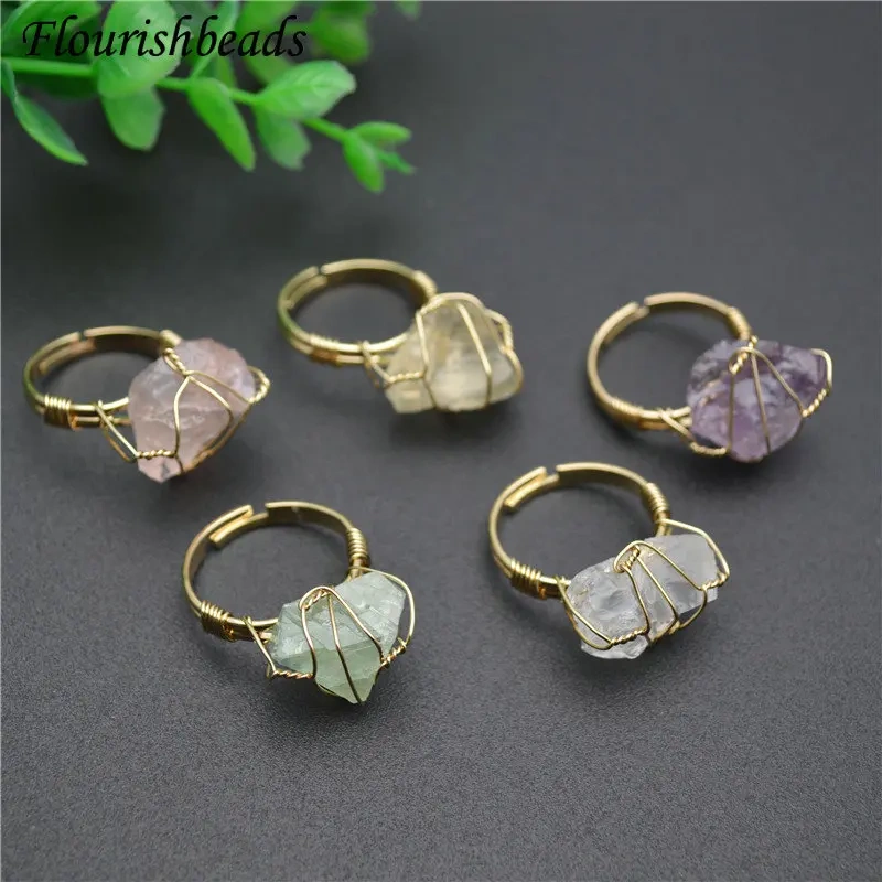 Best-selling Wire Winding Natural Druzy Irregularl Shape Gemstone Rings Fashion Man Woman Party Jewelry Size Adjustable Gift