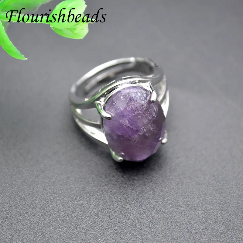 Wholesale Large Selections Natural Amethyst Rose Quartz Lapis Faceted Gemstone Oval Cabochon Adjustable Crystal Rings 10pcs/lot