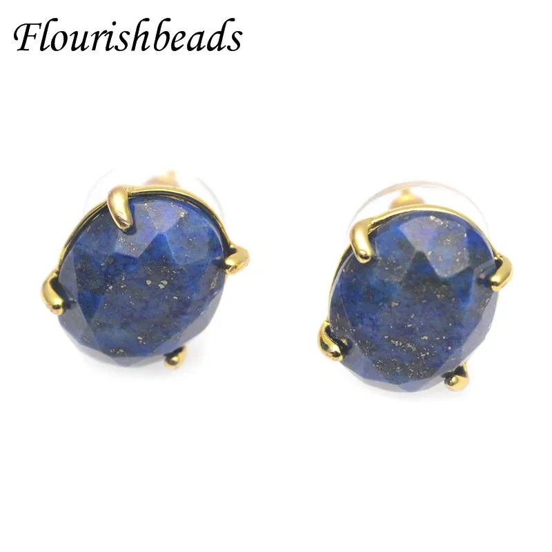 Gold Plated Natural Stone Lapis Oval Stud Earrings Amethysts Rose Quartz Crystal Simple Ear Jewelry for Women