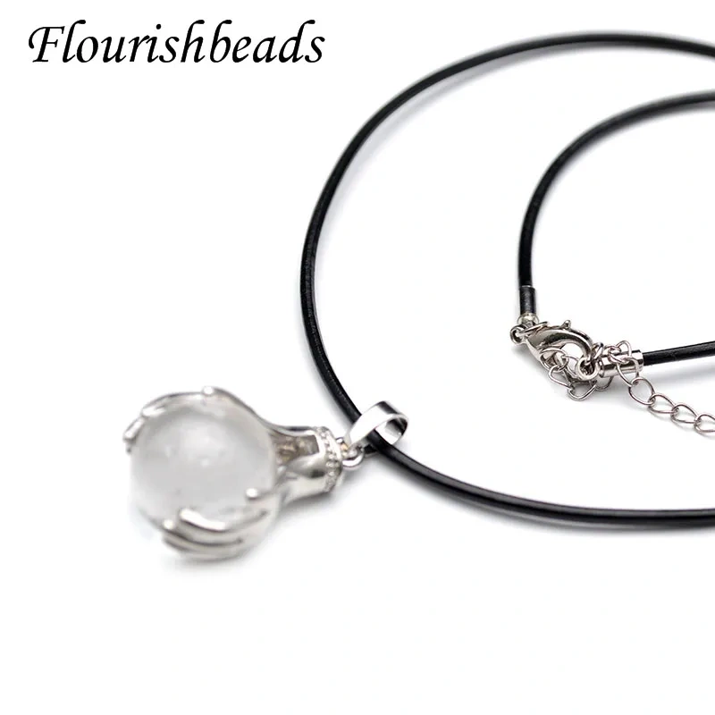 3pcs Multi Color Natural Genstome Hands Hold Round Ball Shape Pendant Leather Cord Chain Necklace Healing Stone Jewelry Gift