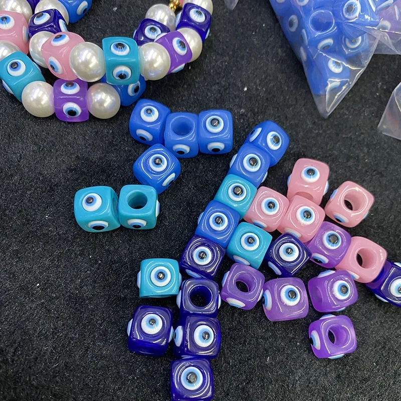 Hot Sell 12mm Square Turke Evil Eye Big Hole Resin Loose Spacer Beads for DIY Jewelry Making Necklace Accessories 100pcs/lot