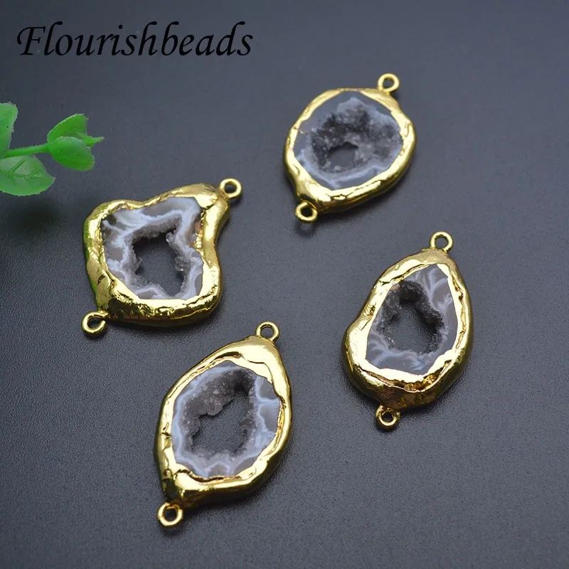 5pcs Natural Gray Druzy Stone Connector Quartz Crystal Two Loops Clasp for DIY Vintage Jewelry Making Necklace