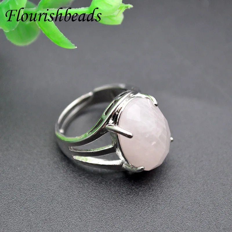Wholesale Large Selections Natural Amethyst Rose Quartz Lapis Faceted Gemstone Oval Cabochon Adjustable Crystal Rings 10pcs/lot