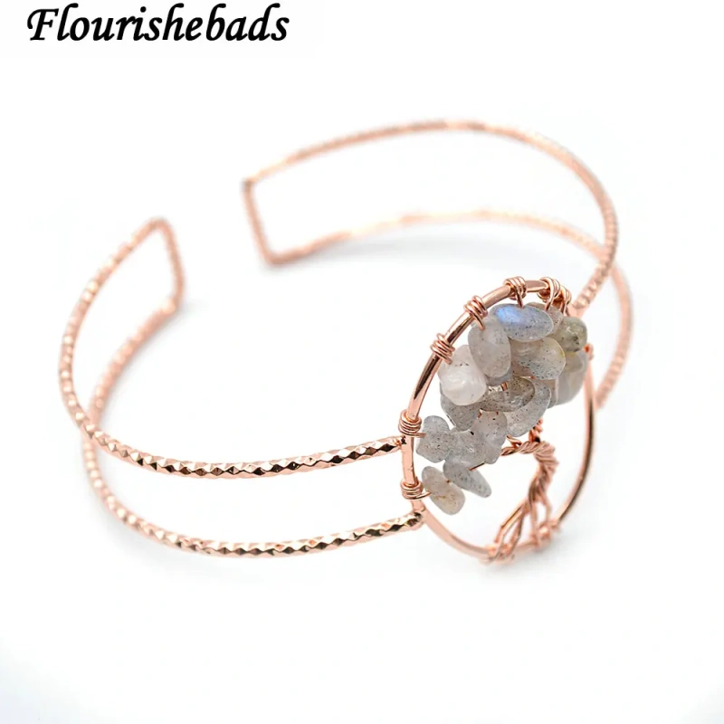 Natural Labradorite Gemstone Chips Wire Wrapped Life Tree Charm Cuff Bangle Bracelet Fashion Woman Jewelry
