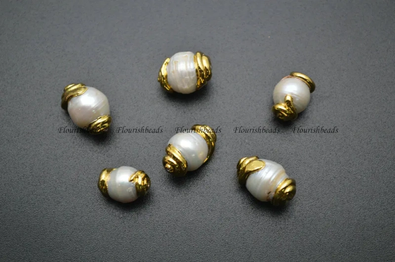 Natural Fresh Water Pearl Potato Shape Spacer Loose Beads Gold Color Surrounded on Two Sides DIY Jewelry Making Supplies