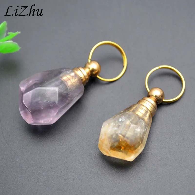 2pcs Natural Stone Amethyst Citrine Perfume Bottle Essential Oil Bottles for DIY Jewerly Necklace Gift