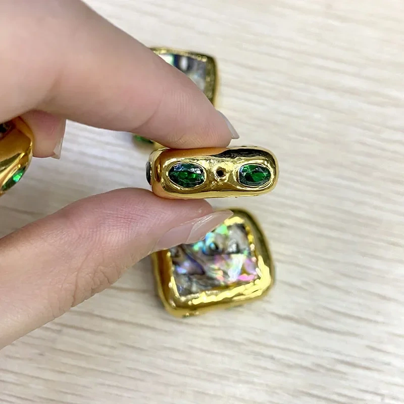 5-10pcs Natural Abalone Shell Gold Plated Flat Square Loose Beads Paved Green Crystal Pendant for DIY Jewelry Necklace Earrings