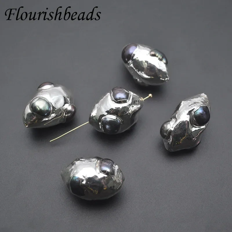 5pcs Silver Color Natural Freshwater Gray Pearl Oval Shape Through Hole Loose Beads for DIY Fine Jewelry Making Necklace