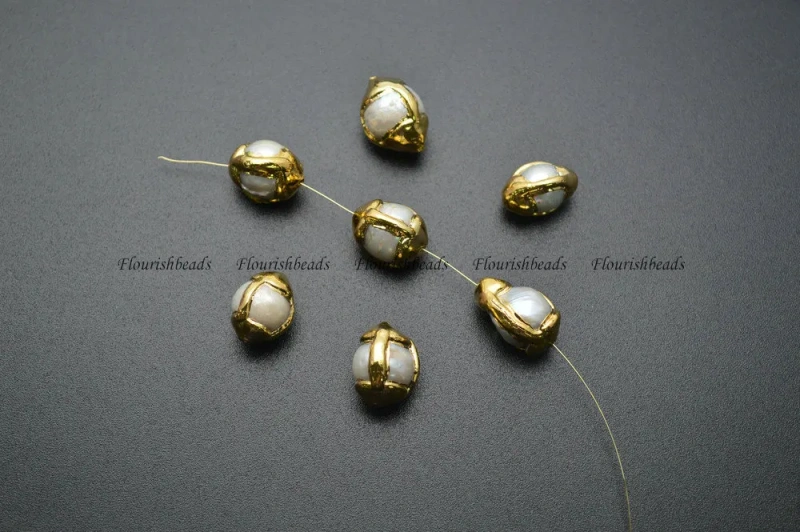 Gold Surrounded Natural Fresh Water Pearl Potato Spacer Loose Beads DIY Jewelry Making Supplies