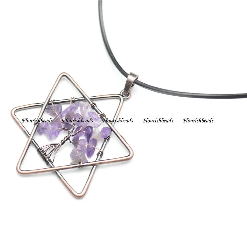 Natural Gemstone Chips Beads Antique Copper Color Wire Wrapped Star Circle Life Tree Chakra Pendant  Necklace Party Gift