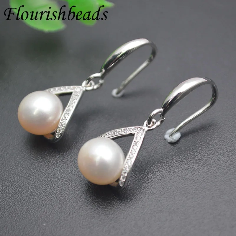Wholesale Natural Round Pearl Earrings 925 Sterling Silver Dangling Earrings Paved CZ Beads Nickel Free Jewelry Women Gift