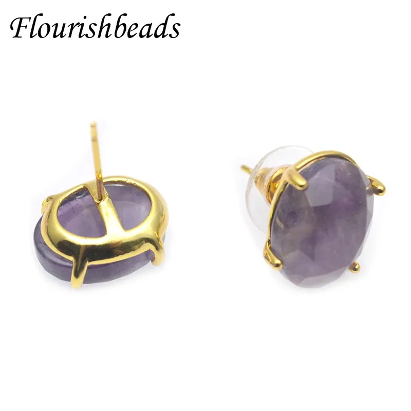 Gold Plated Natural Stone Lapis Oval Stud Earrings Amethysts Rose Quartz Crystal Simple Ear Jewelry for Women