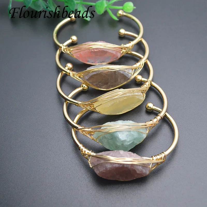 5pcs/lot Natural Stone Gold-color Wire Wrap Irregular Crystal Quartz Cuff Bangles for Fashion Jewelry Gift