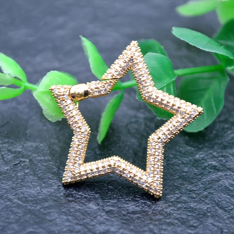 Gold Color Real CZ Beads Paved Star Shape Lock Carabiner Push In Clasp DIY Bracelet Necklace Accessories for Jewelry