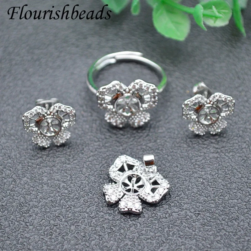 Luxury Jewelry Set Nickel Free Gold Color CZ Beads Paved Flower Rings Pendant Earring Stud Fit Half Hole Beads Jewelry Making
