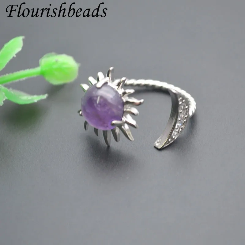 Moon Sun Shape Natural Amethyst Crystal Round Bead Ring Paved CZ Beads Open Band Ring for Women Men Jewelry