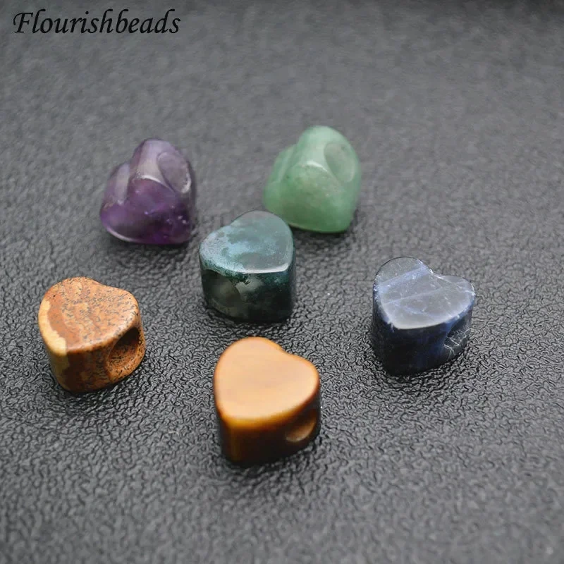 5mm Big Hole Cute Heart Shape Gemstone Loose Beads DIY Materials 10pcs (Amethyst / Tiger Eye / Moss Agate / Green Aventurine)