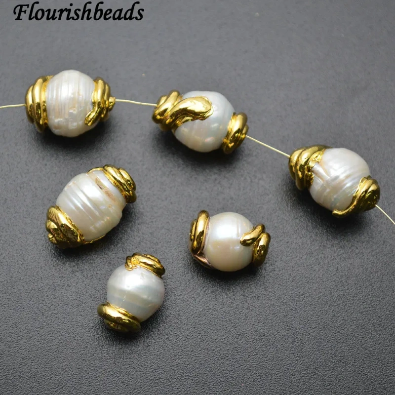 Natural Fresh Water Pearl Potato Shape Spacer Loose Beads Gold Color Surrounded on Two Sides DIY Jewelry Making Supplies