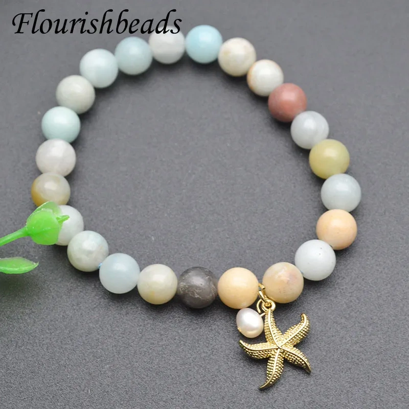 Healing Lucky Mix Amazonite Beads Metal Starfish Conch Charm Stretch Bracelet for Women Bracelet Jewelry Gifts