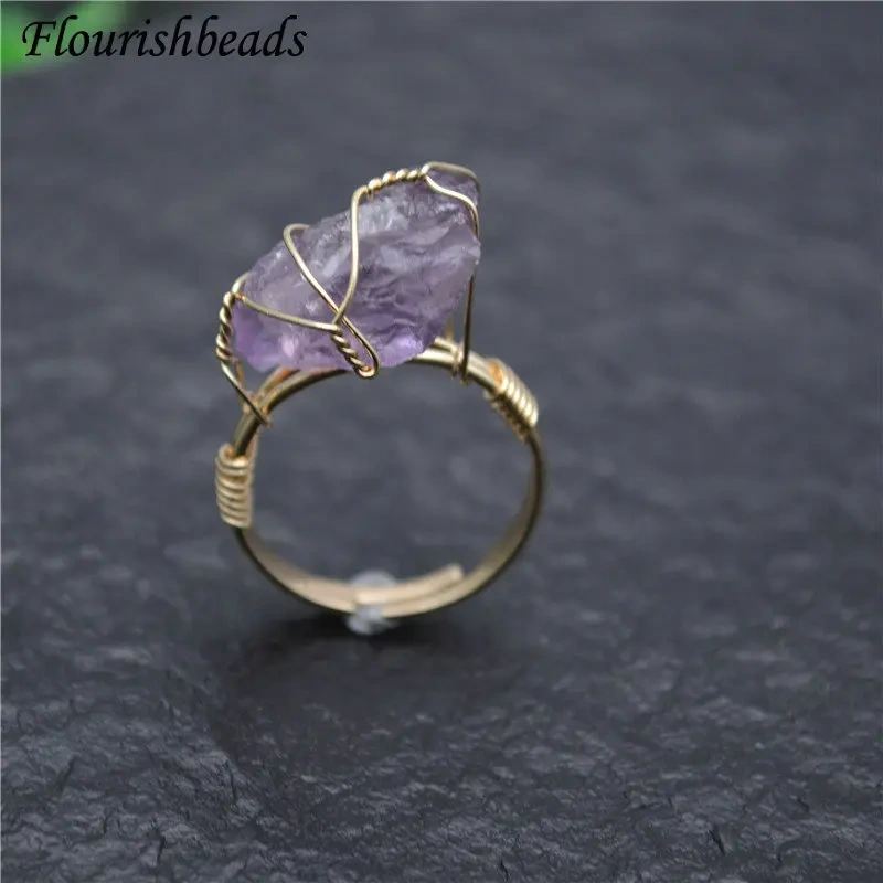 Best-selling Wire Winding Natural Druzy Irregularl Shape Gemstone Rings Fashion Man Woman Party Jewelry Size Adjustable Gift