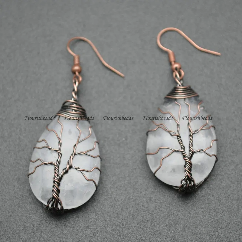 Vintage Faded Water Drop Natural Rose Quartz Amethyst Life Tree Guard Mineral Jewelry Fashion Woman Decoration Earrings DIY Gift