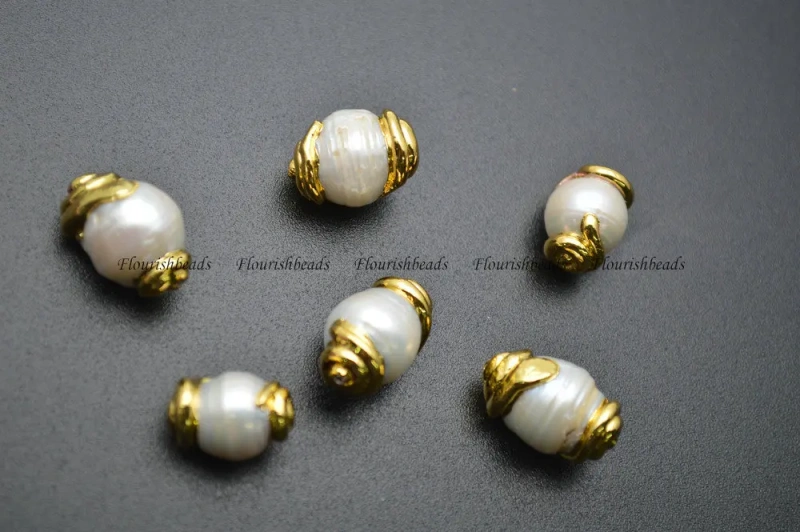 Natural Fresh Water Pearl Potato Shape Spacer Loose Beads Gold Color Surrounded on Two Sides DIY Jewelry Making Supplies