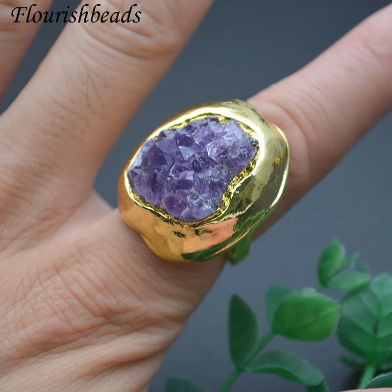 Natural Gemstone Amethyst Drusy Quartz Rings Gold Plated Nickel Free Adjustable Size Ring for Man Jewelry Gift