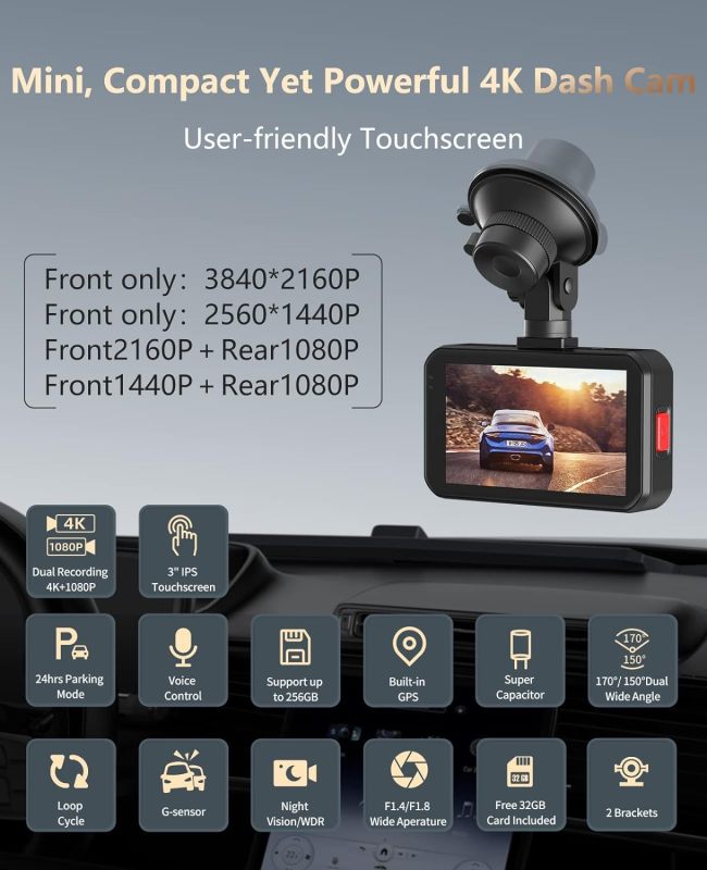 Dash Cam Front 4K and Rear 1080P Ussunny Dual Dash Camera